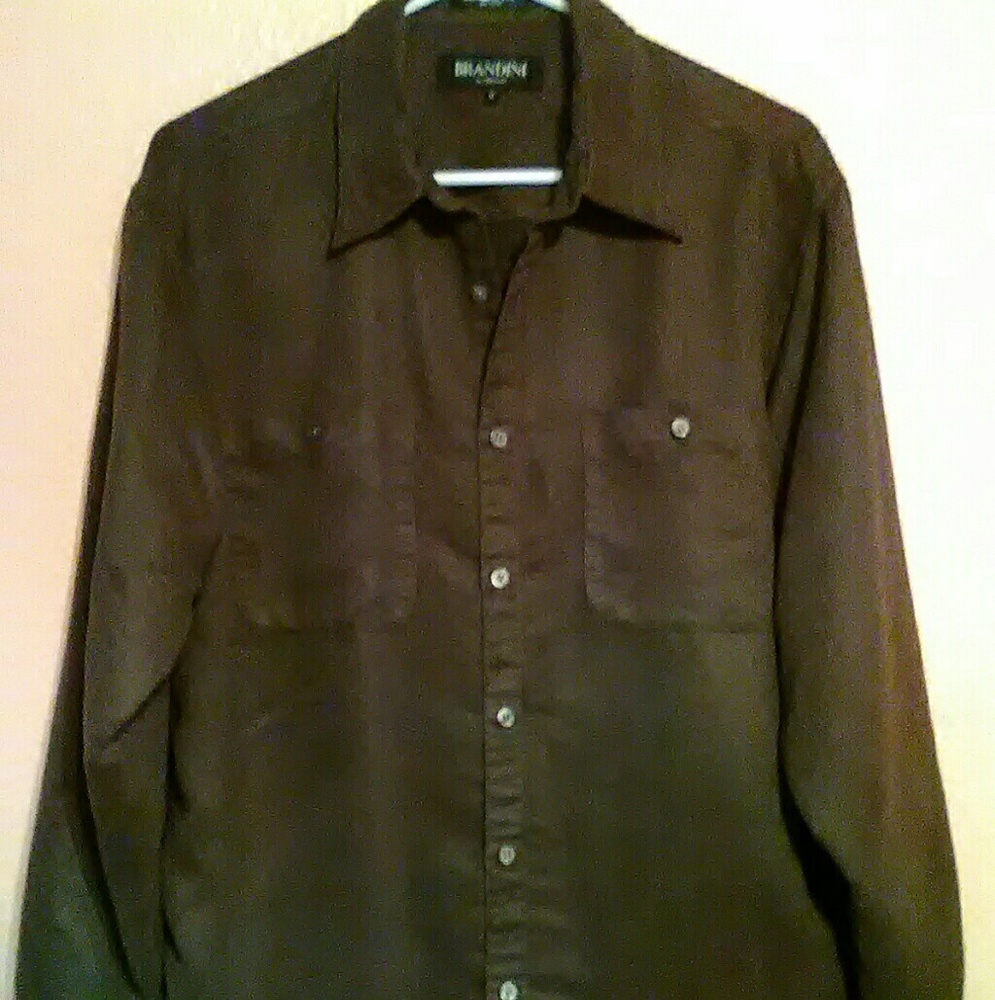Brandani's brown faux suede button down shirt